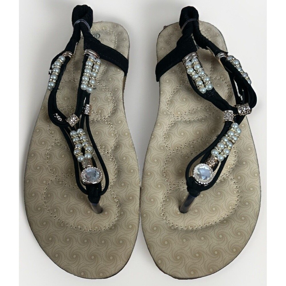 Forever Women's Calista Comfort Pearl Embellished Thong Sandal Black Size 8 New
